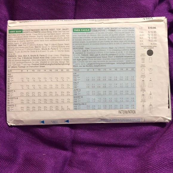 Butterick 4505 skirt vest pants pattern - Picture 2 of 7